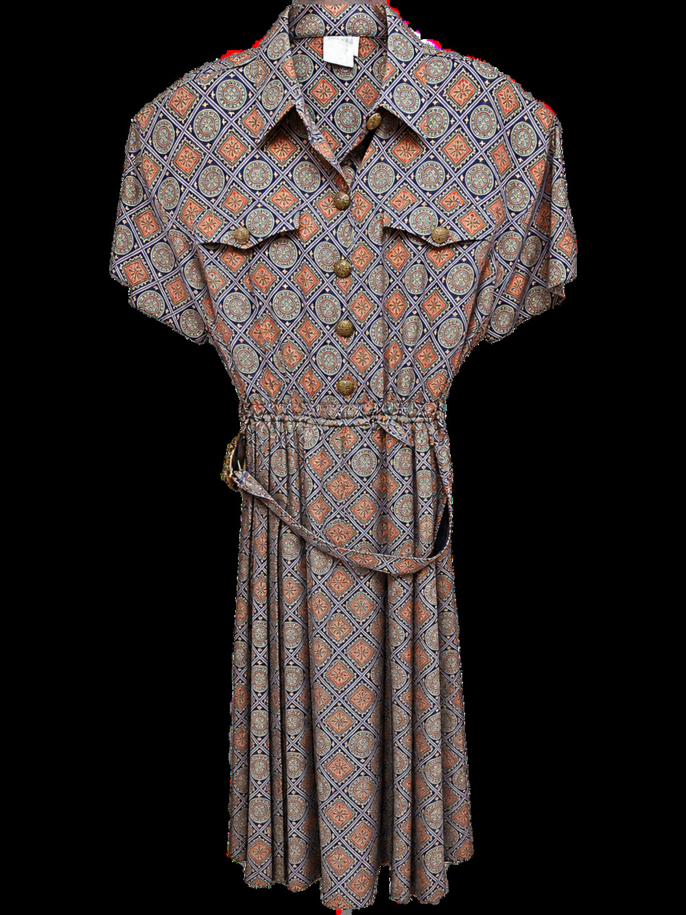 Leslie Fay Dress Size 14 Multi Medallion Print Short Sleeve Belted Vintage